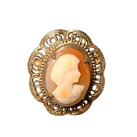 unbranded Jewelry - Vintage Cameo Brooch Carved Shell Portrait 1920s Orange White ornate filagree